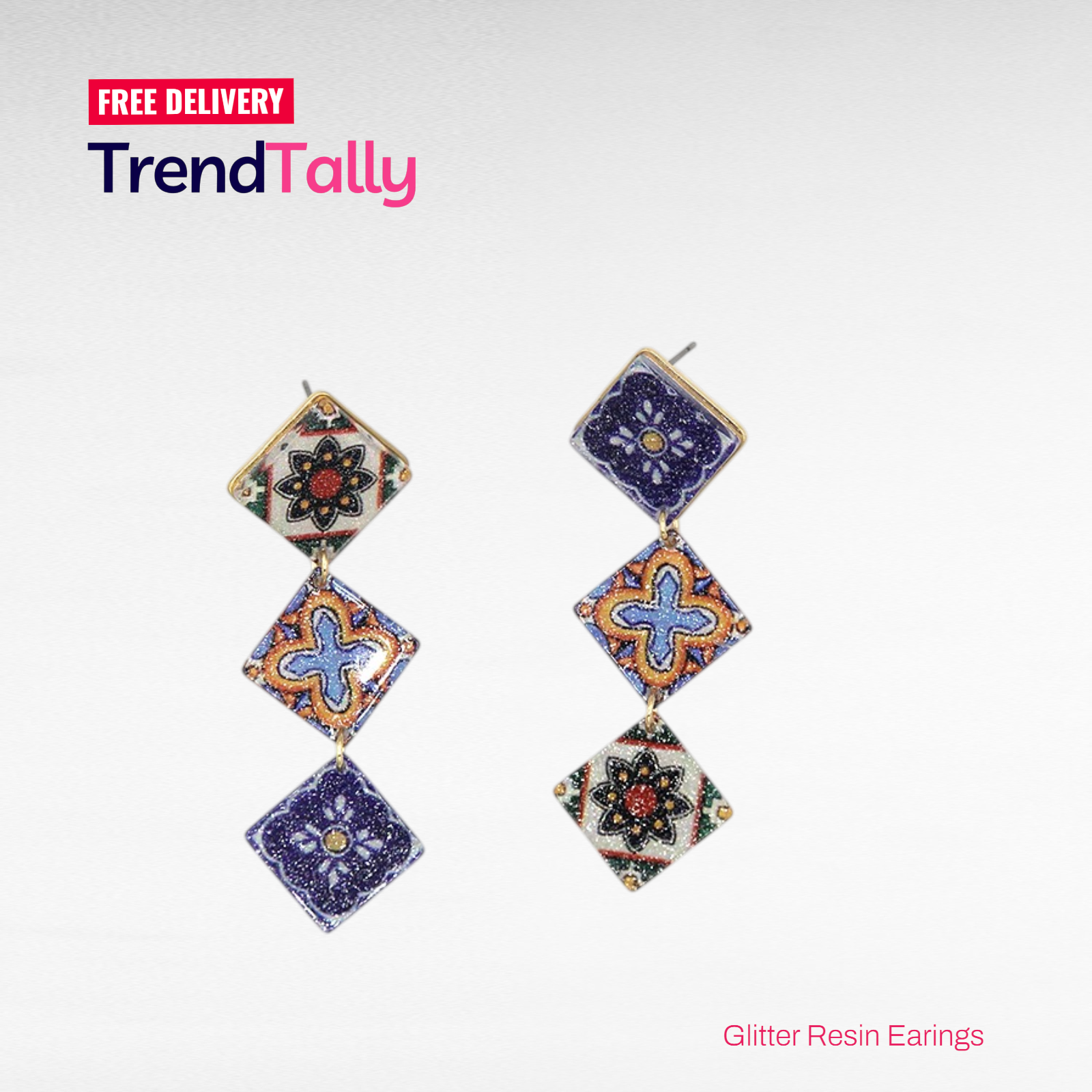 Glitter Resin Talavera 3 Tier Drop Earrings Colorful Statement Dangle