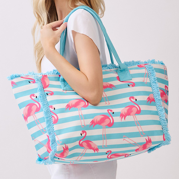 Toami Crab Stripe Fringe Tote Bag Beach Shopper Navy Blue Pink Large