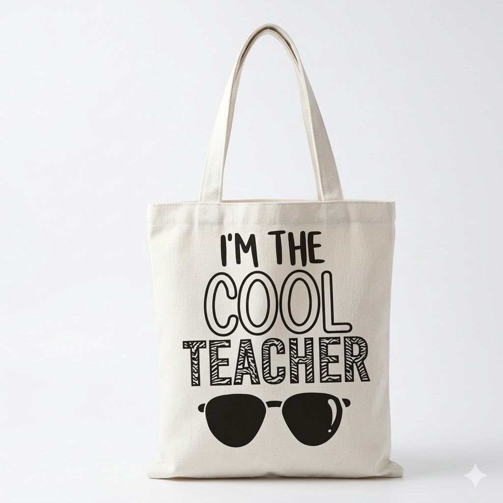 Story Canvas “I’m The Cool Teacher” Tote Bag Black White Funny T