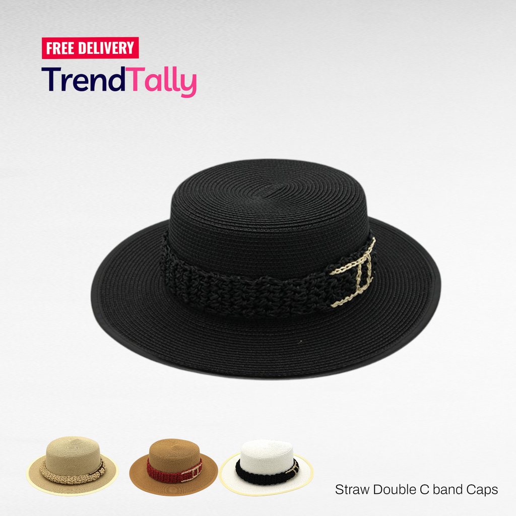 Straw Double C Band Boater Sun Hat – Wide Brim Summer Beach Sun Hat