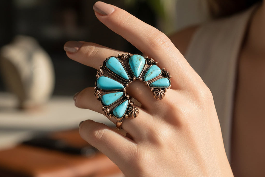 Turquoise stone brooch with bronze setting on a white background