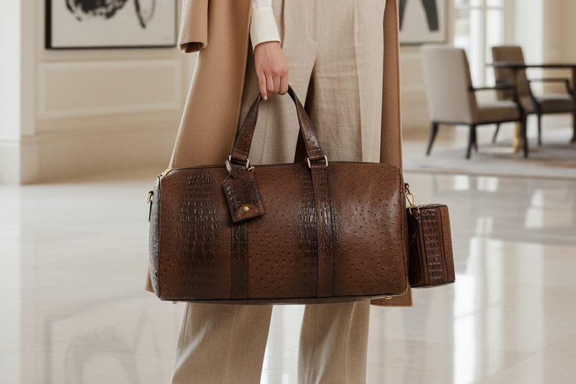 Brown textured duffel bag with matching cylindrical pouch on a white background