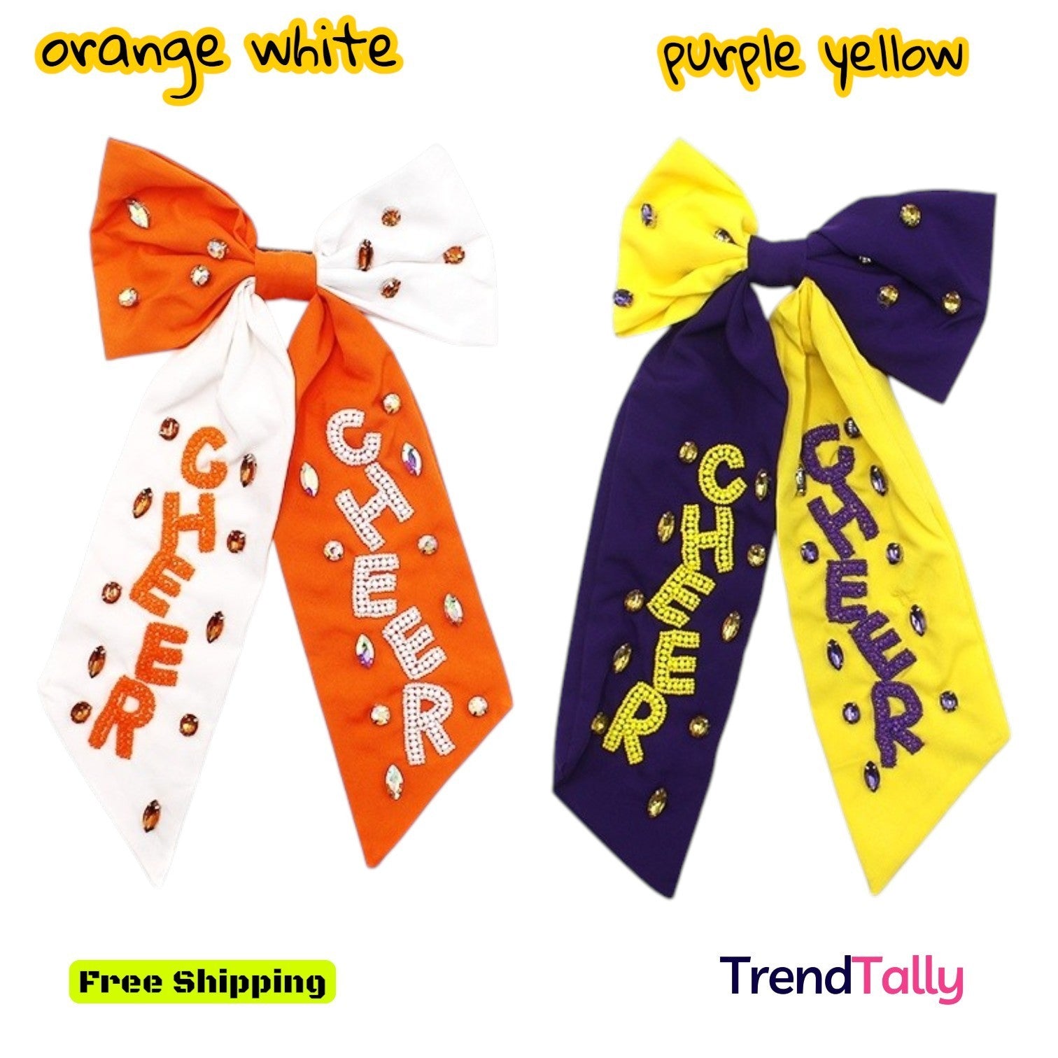 Viola Gem Stone Seed Bead Hair Clip Orange White Cheer Ribbon Bow Auth
