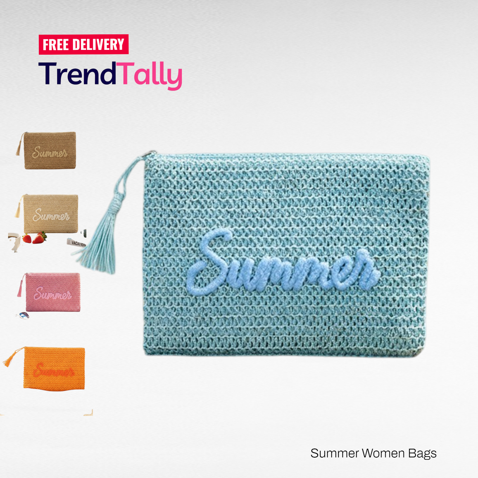 Women Straw Summer Embroidered Pouch Beach Bag Small Handbag Travel Ac