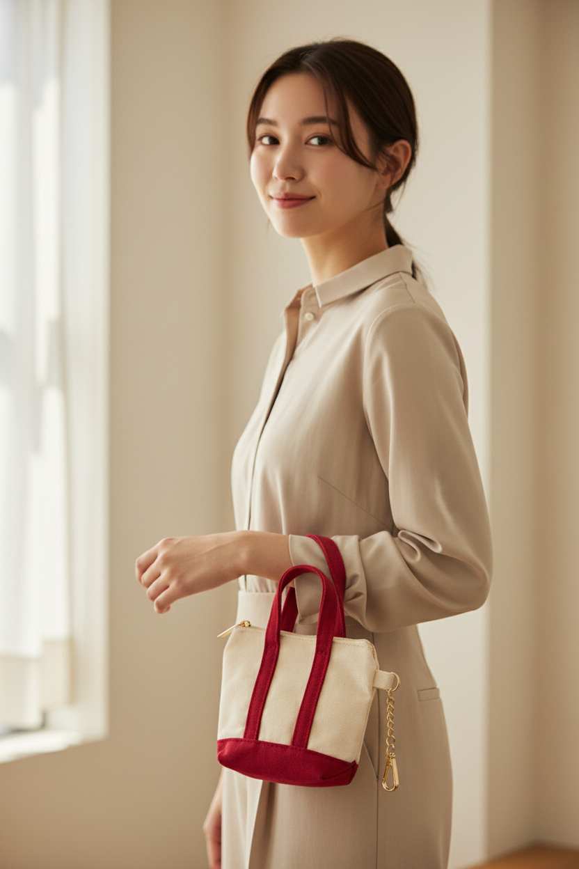 Small handbag with red handles and trim on a beige background