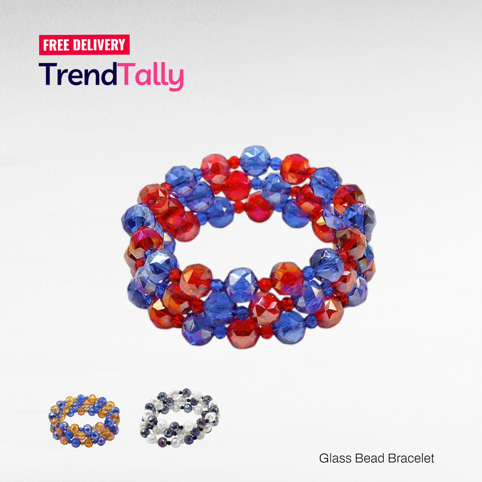 3PC Glass Bead Bracelet Set Orange Blue Stretch Stackable Fashion Jewelry