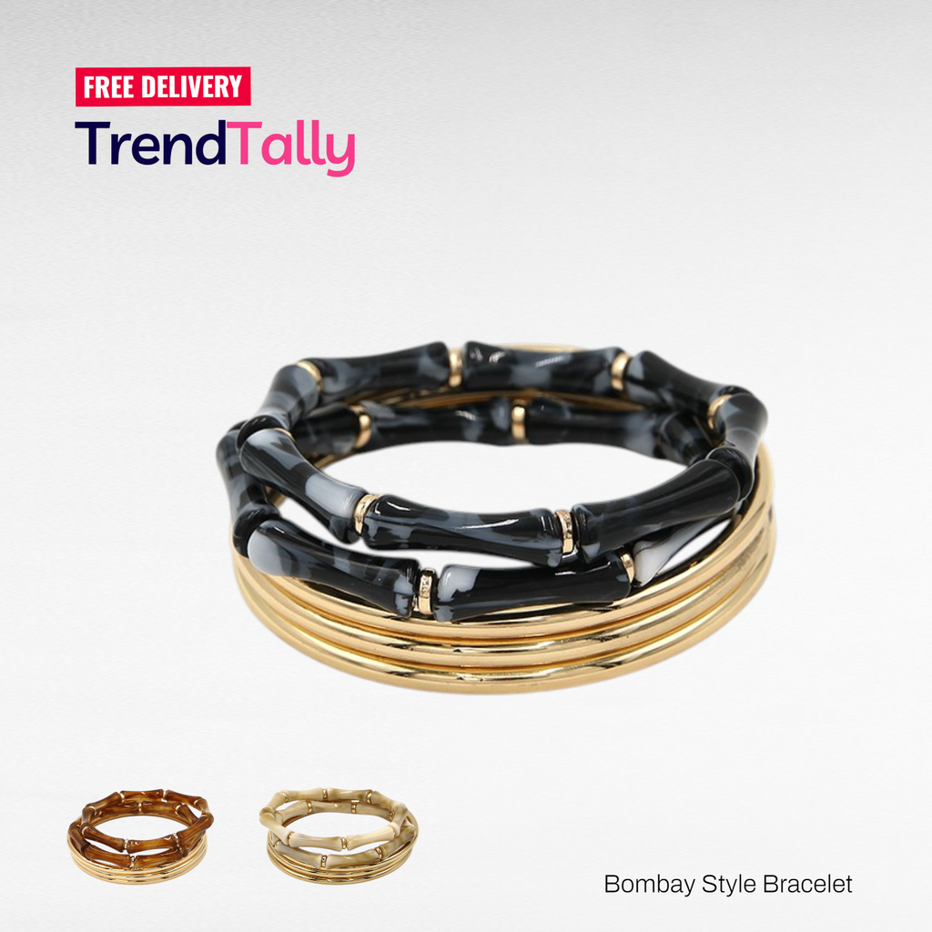 5 Piece Bamboo Style Link Gold Tone Bangle Set Gold Black For Women