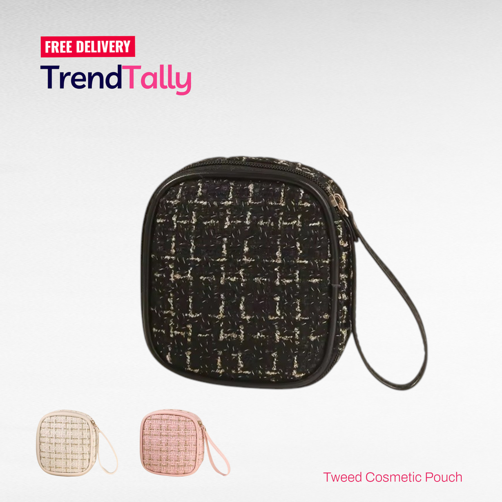 CB5386 Tweed Cosmetic Pouch – Travel Makeup Bag Zipper Organizer