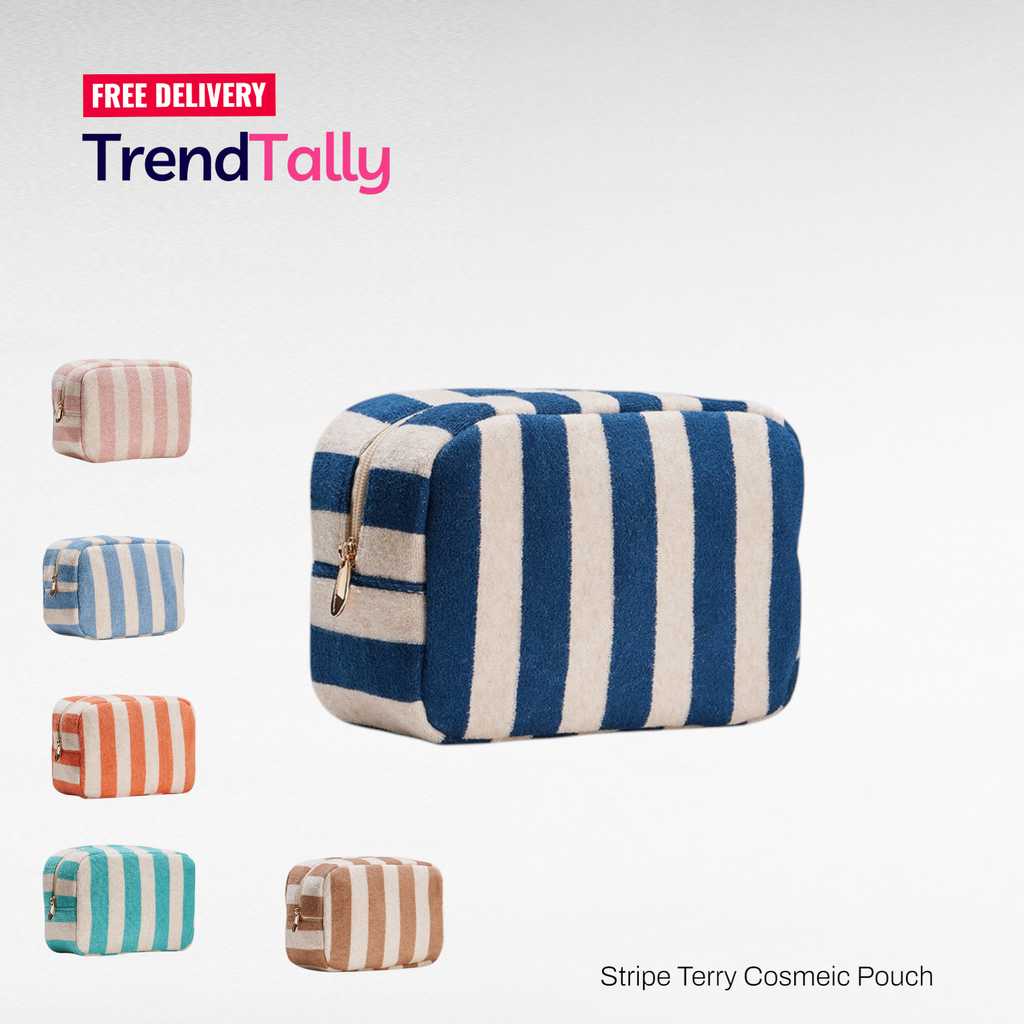 Stripe Pattern Terry Cloth Beige Cosmetic Pouch Makeup Bag Travel Organizer