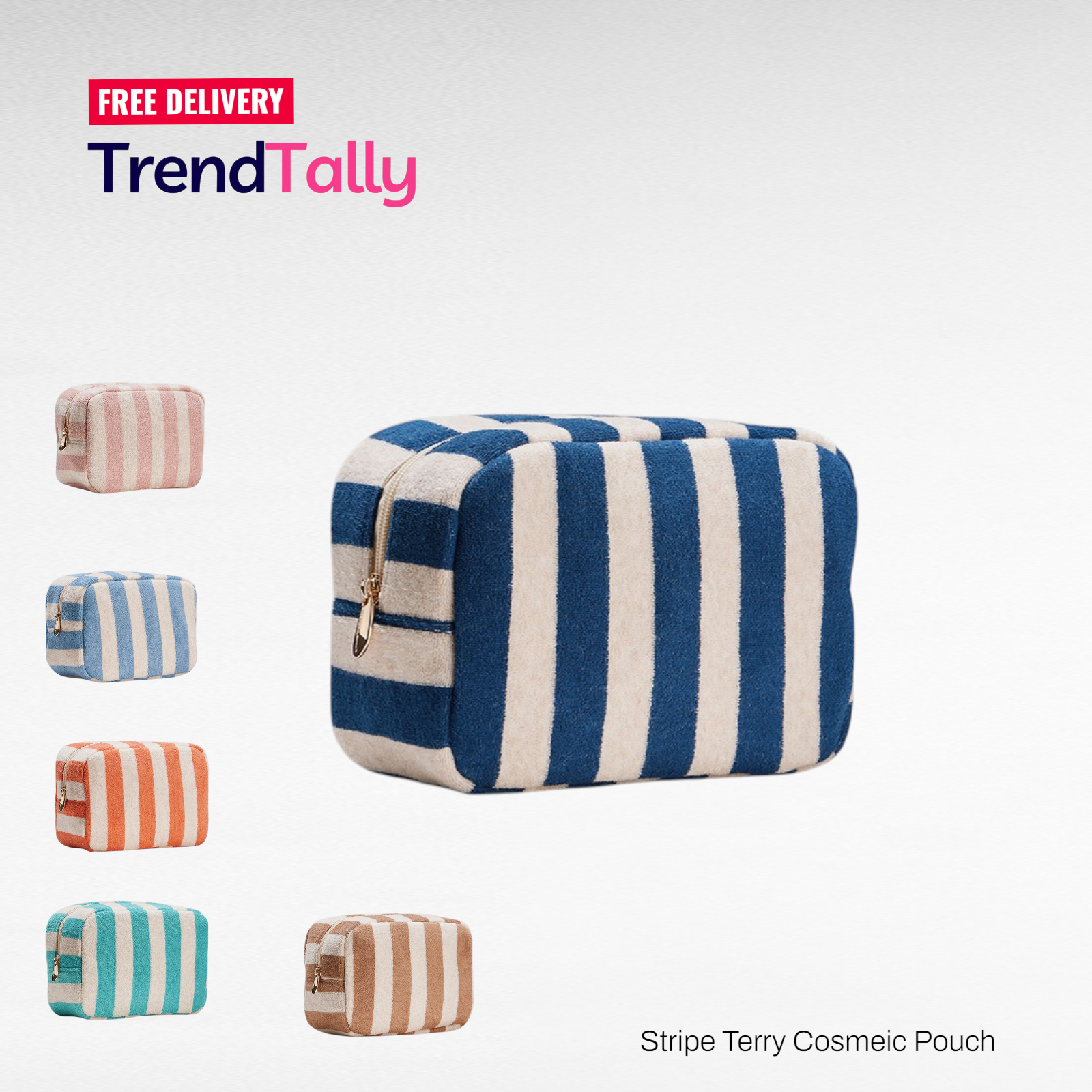 Stripe Pattern Terry Cloth Beige Cosmetic Pouch Makeup Bag Travel Organizer