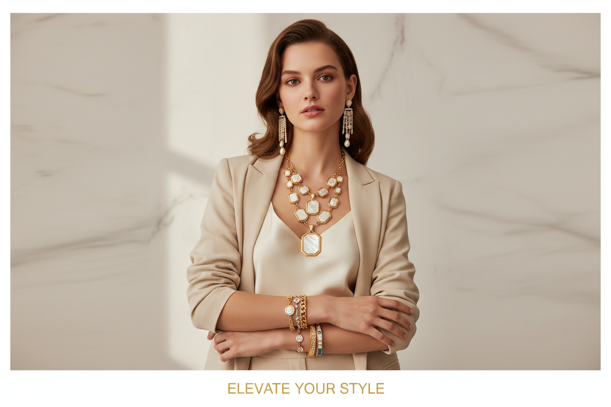 Woman wearing gold jewelry with a neutral background